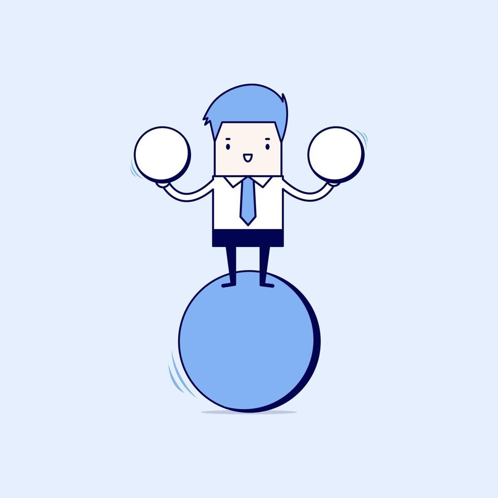 hombre de negocios en equilibrio sobre bola azul sosteniendo dos esferas. vector de estilo de línea fina de personaje de dibujos animados.