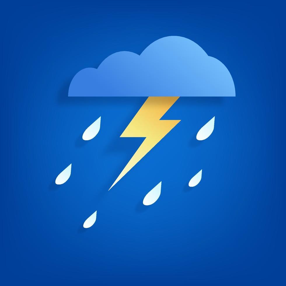 Sky and lightning in the rainy season. Paper art cloud and rain on blue background. vector