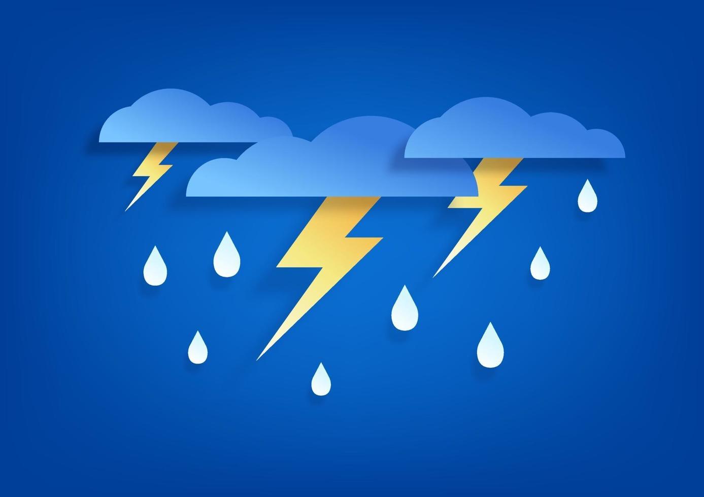 Sky and lightning in the rainy season. Paper art cloud and rain on blue background. vector