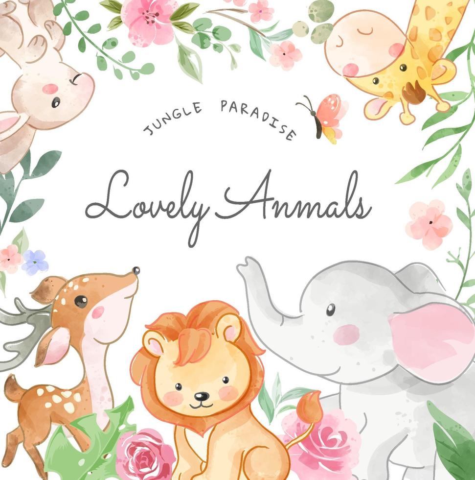 Lovely Animals and Colorful Flowers Illustration in Square Frame vector