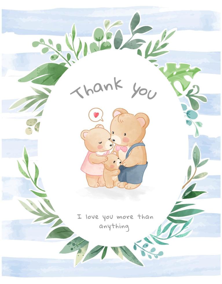 Lovely Bear Family in Leaf Frame and Blue Stripe Background vector