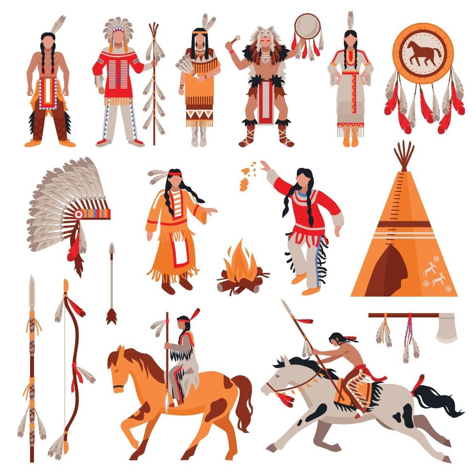 Native Americans Decorative Icon Set Vector Illustration