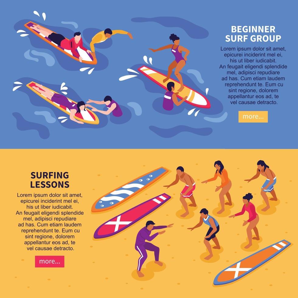 Ilustración de vector de banners horizontales de lecciones de surf