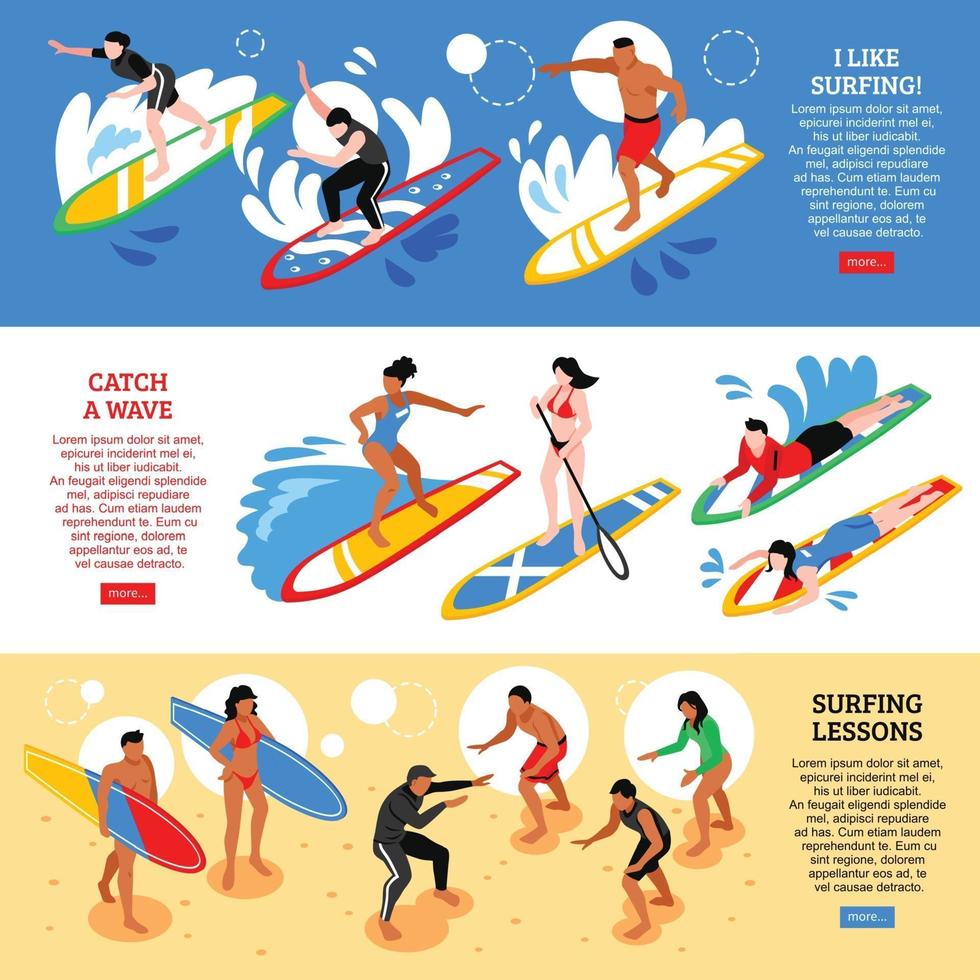 Surfing Isometric Horizontal Banners Vector Illustration