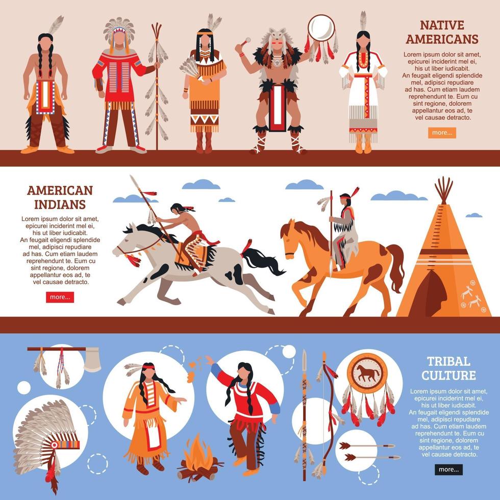 Native Americans Horizontal Banners Vector Illustration