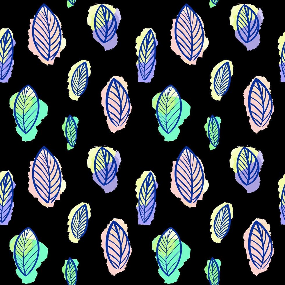 seamless pattern of bright leaves on a black background.Botanical leaf pattern. Vector illustration. Design for textiles, wallpeper, background