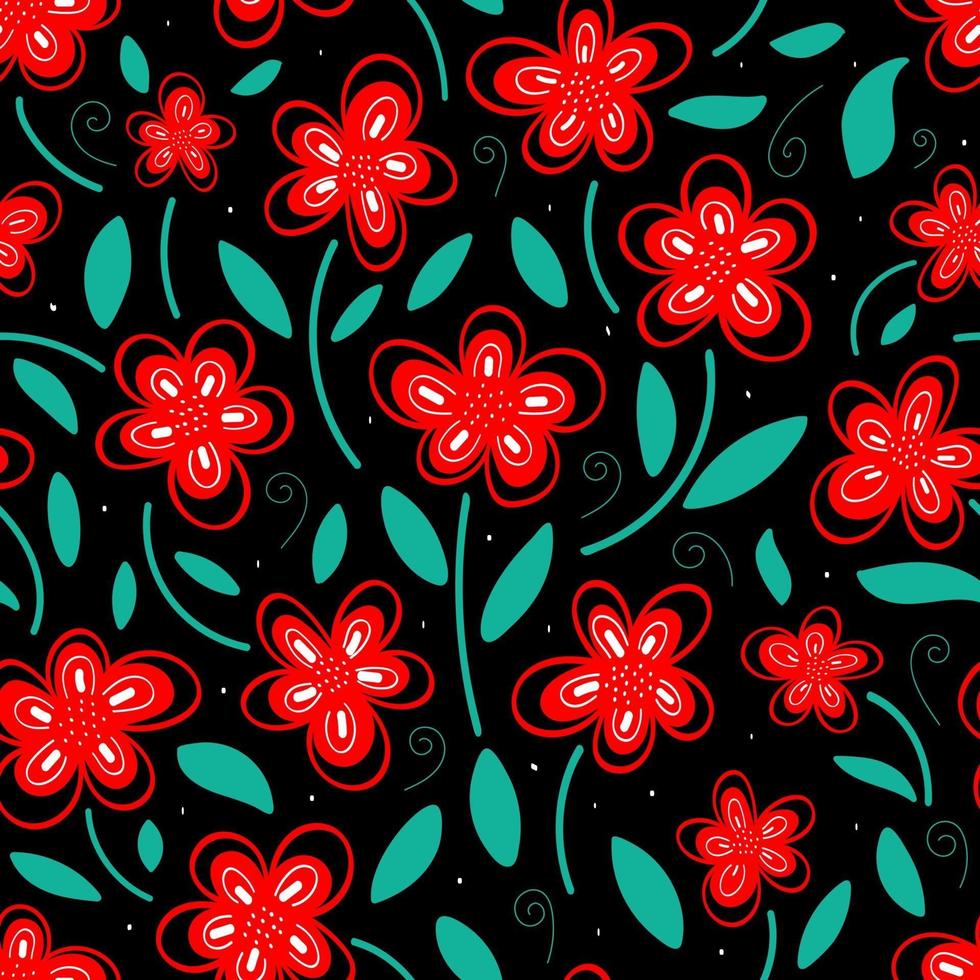 Bright red flowers with green leaves on a dark background is a seamless pattern. Design for packaging, textiles, postcards vector