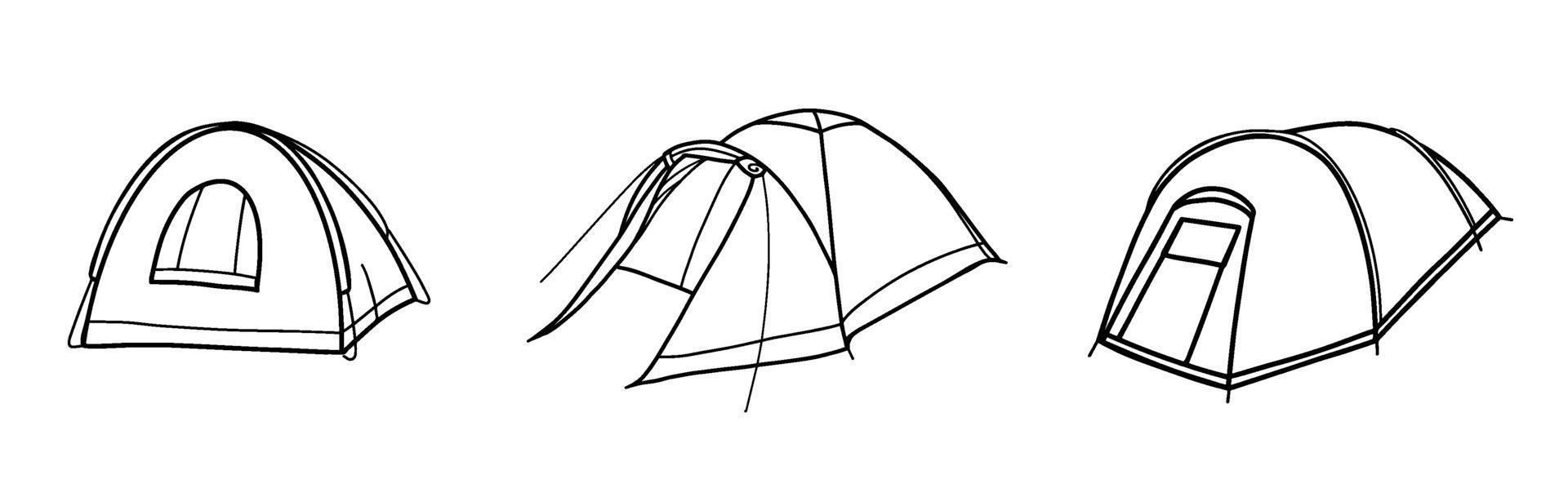 Set of tourist tents. Field equipment. Tent for Hiking, travel, recreation and mountaineering. Vector illustration in the Doodle style.