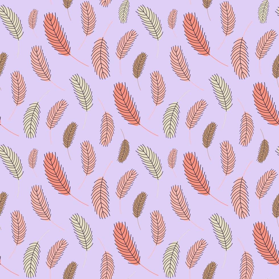 Bird feathers seamless pattern. Easter pattern with chicken feathers. Vector flat illustration. Design for textiles, packaging, wrappers, greeting cards, paper, printing.