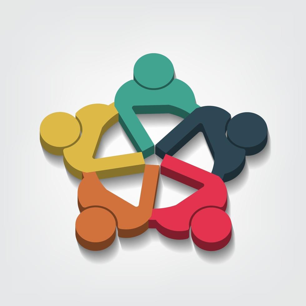 Group of five people logo in a circle.Persons teamwork holding point of view 3D vector