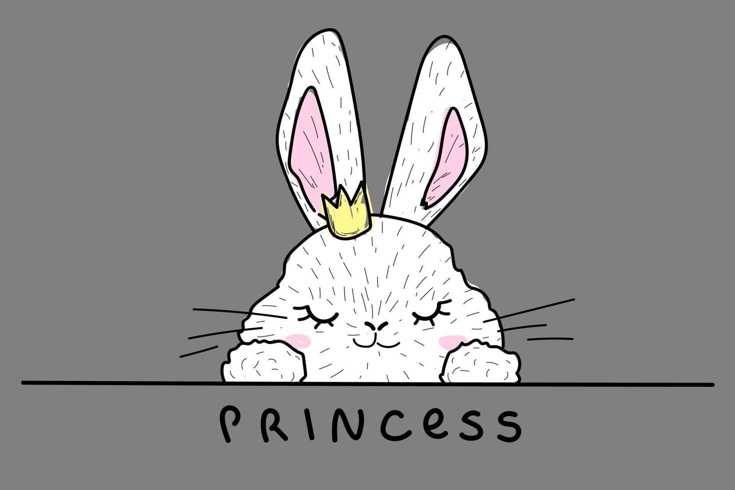 Doodle white rabbit princess girl line Hand drawn vector illustration Cute baby pet