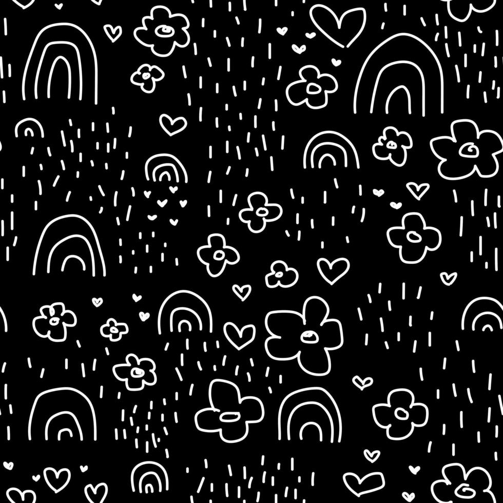 Cute black pattern with line white doodle flowers hearts rainbows Seamless background Textiles for children Minimalism paper scrapbook for kids vector