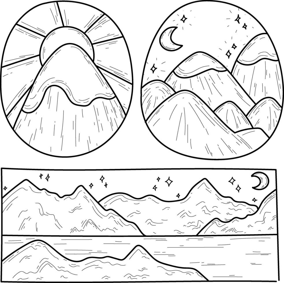Doodle lindo montañas naturaleza caminata colección de logotipos de línea aislada ilustraciones vectoriales dibujadas a mano por la mañana y por la noche juego de colorear boceto para un tatuaje vector