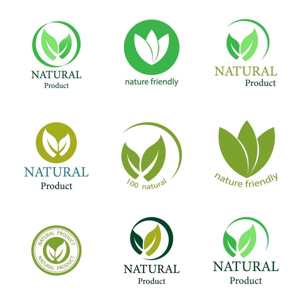 diseño vectorial de etiqueta de ecología de logotipo de producto natural verde.Hermoso patrón de círculo verde.Con dos hojas juntas. vector