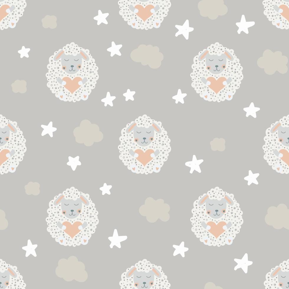 Cute sheep Star and cloud Nursery pink and grey seamless pattern Vector kids illustration