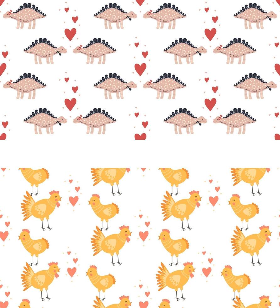Set seamless pattern Vector illustration Nursery cute print with chickens and hearts and with dinosaurs Happy Valentines day 14 February
