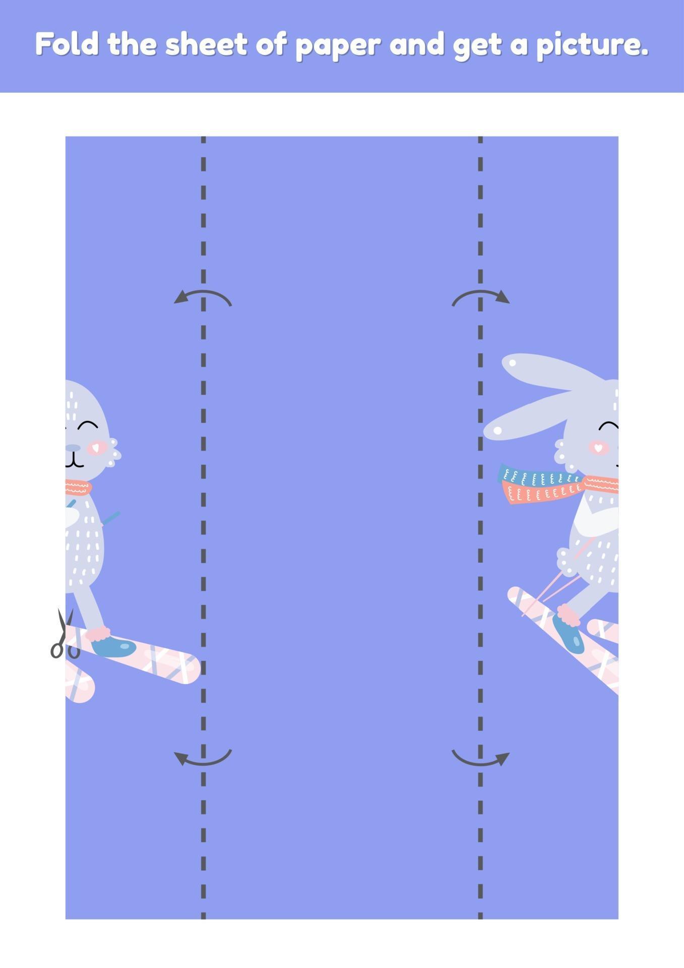 Fold the sheet of paper and get a picture cute hare on ski Education