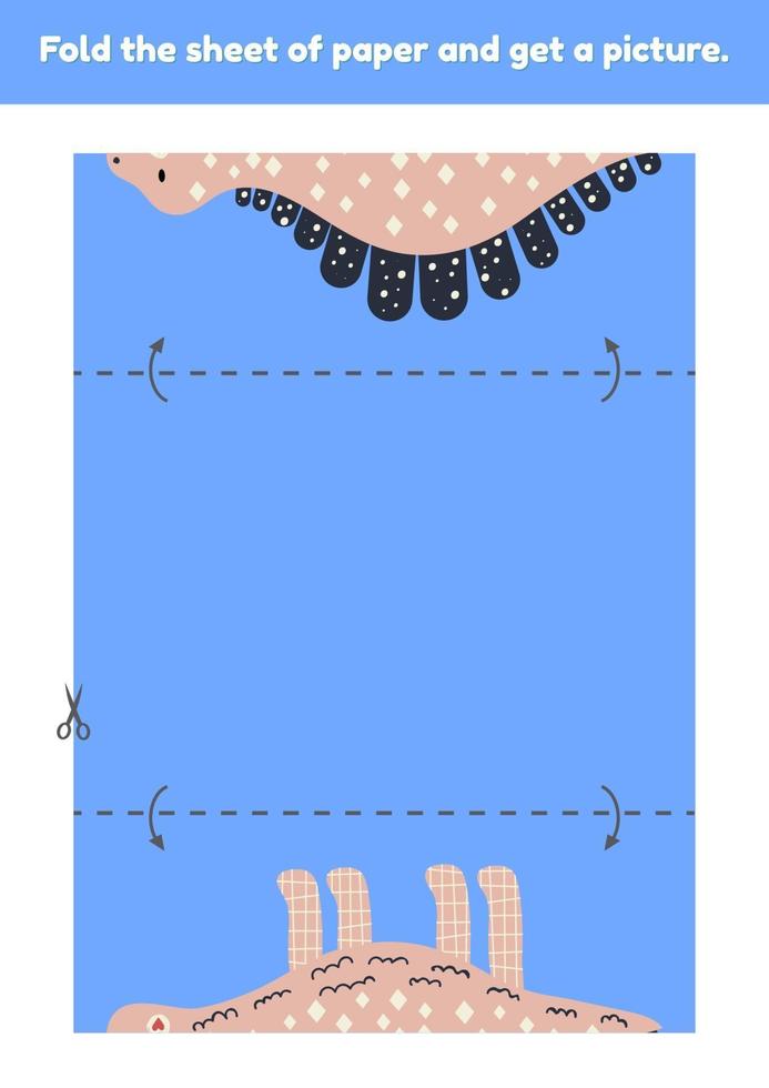 Fold the sheet of paper and get a picture cute dinosaur Education game for kids Worksheet for kindergarden and preschool age Development fine motor skills vector