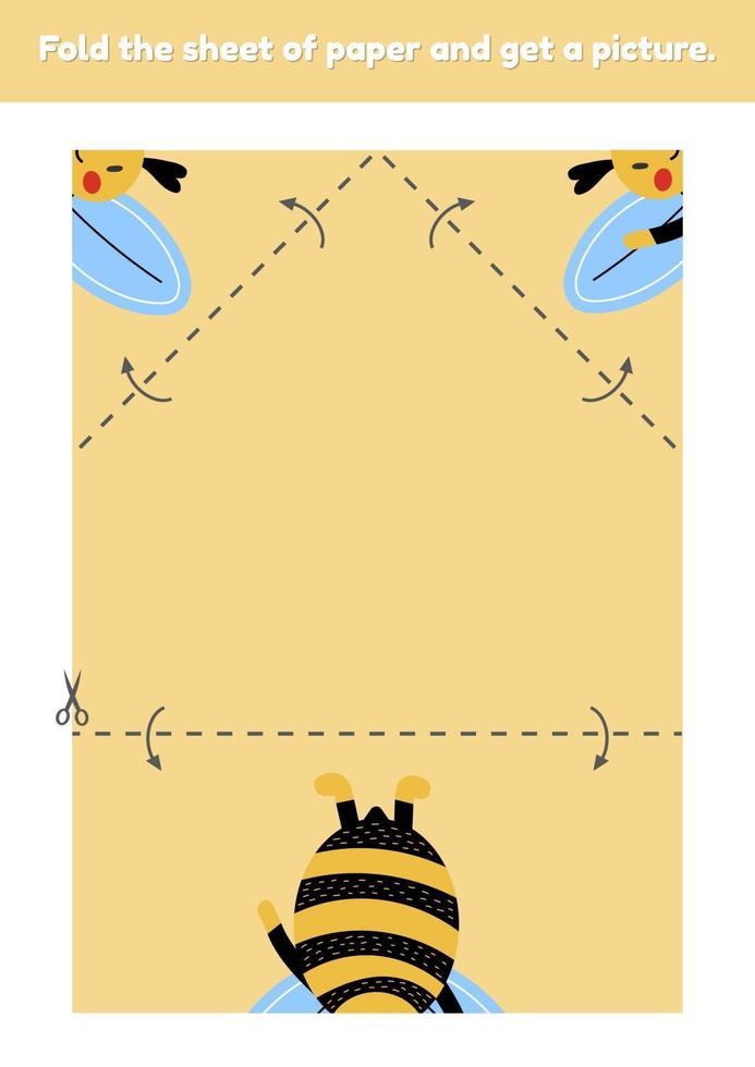 Fold the sheet of paper and get a picture cute bumblebee Education game for kids Worksheet for kindergarden and preschool age Development fine motor skills vector