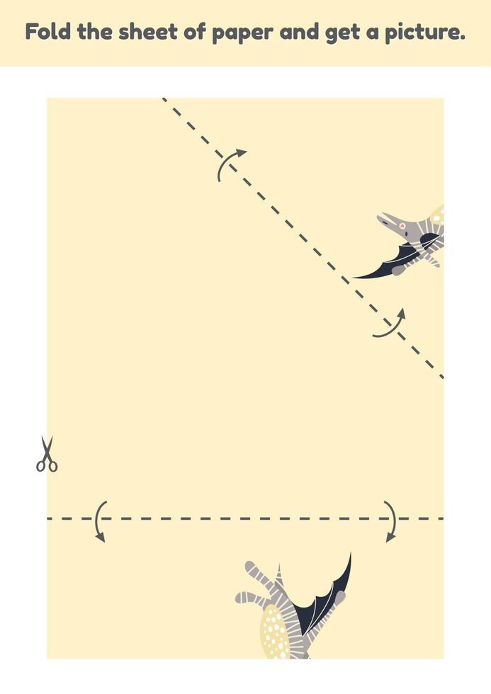 Fold the sheet of paper and get a picture cute dinosaur Education game for kids Worksheet for kindergarden and preschool age Development fine motor skills vector