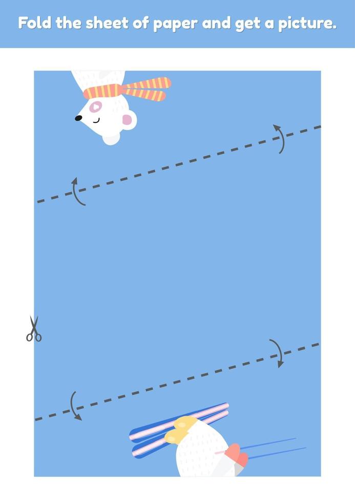 Fold the sheet of paper and get a picture cute white bear on ski Education game for kids Worksheet for kindergarden and preschool age Development fine motor skills vector