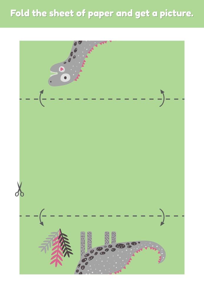 Fold the sheet of paper and get a picture cute dinosaur Education game for kids Worksheet for kindergarden and preschool age Development fine motor skills vector