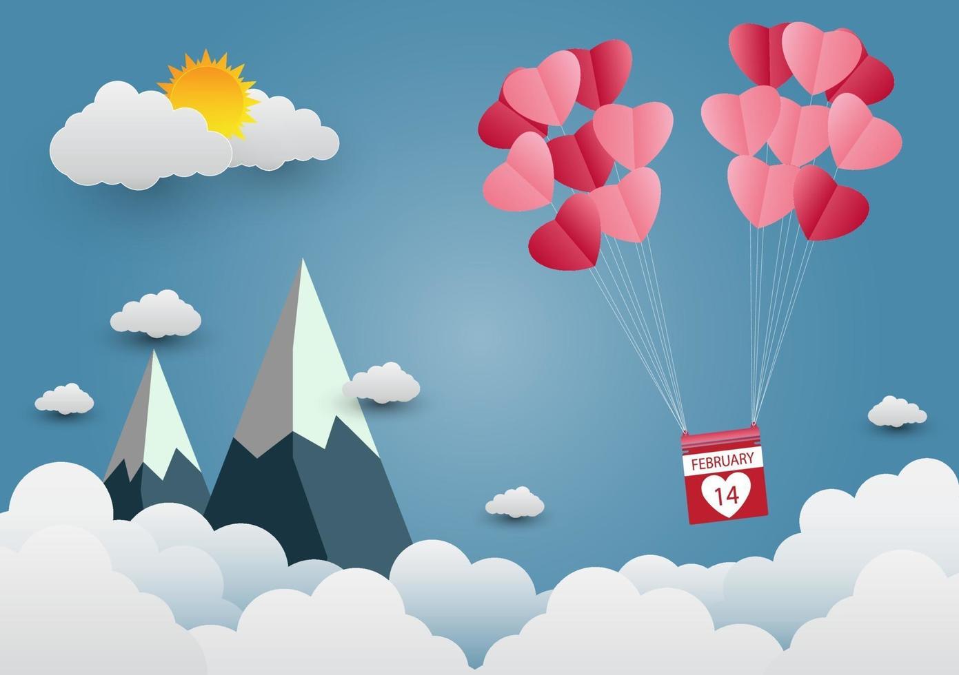 Globo del día de San Valentín en forma de corazón flotando en el cielo y las montañas hermosas nube art.paper ilustración vectorial vector