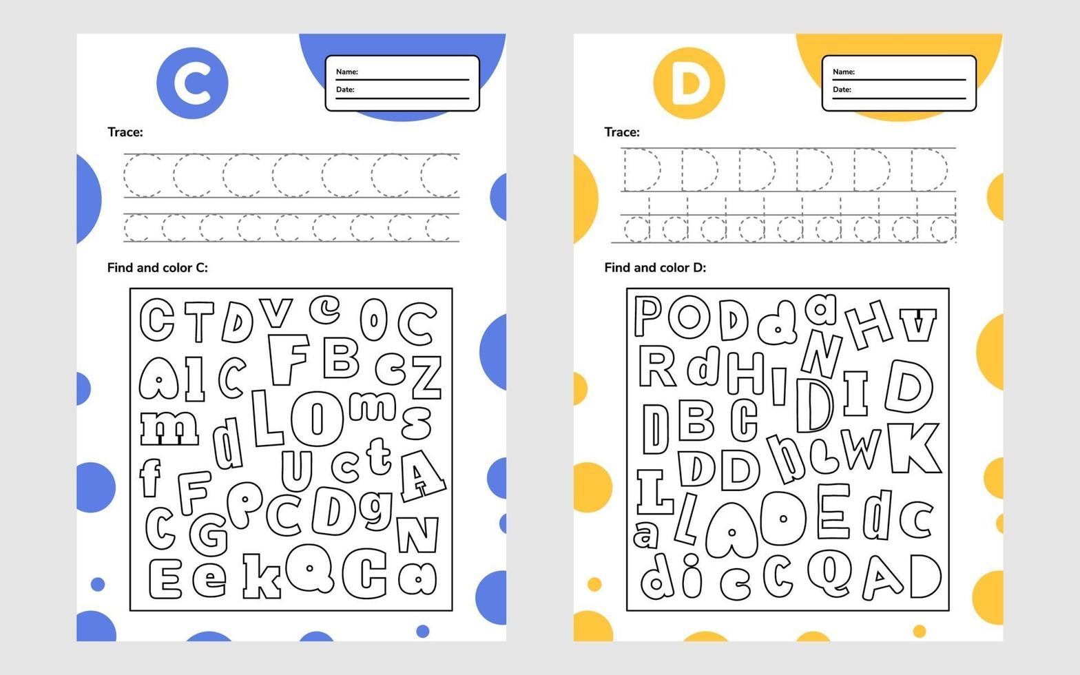 Set trace letter worksheet a4 for kids preschool and school age Game for children Find and color vector