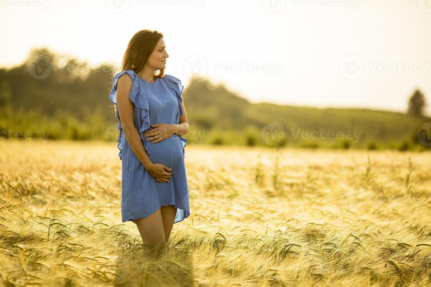 Pregnant woman in blue dress in nature photo