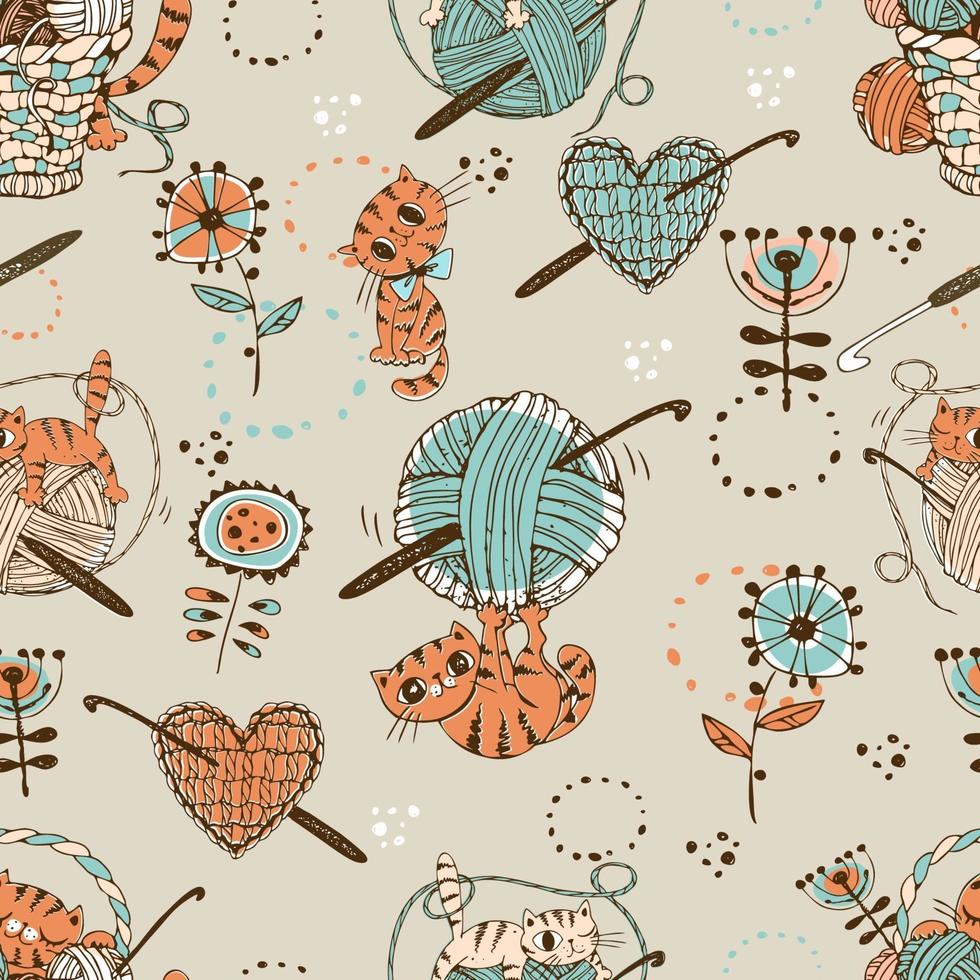 Crocheting. Seamless pattern with cute cats, balls of wool and knitting accessories. vector