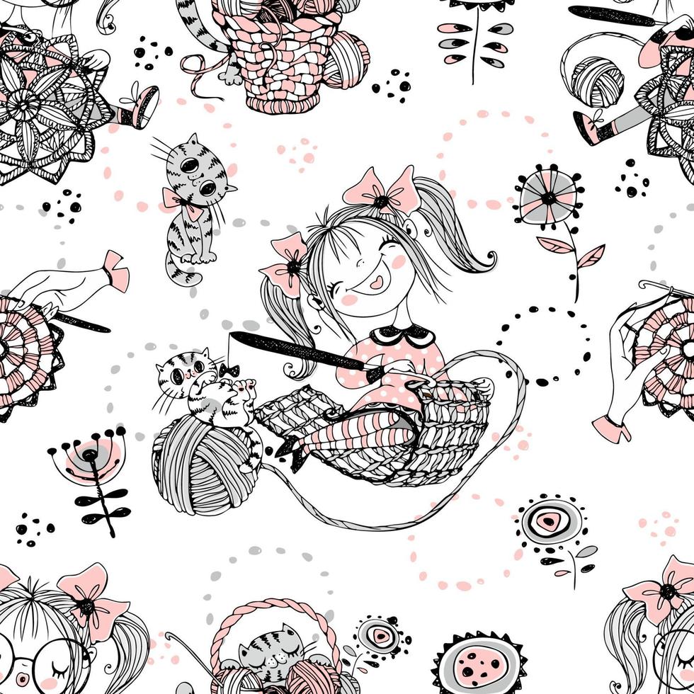 Cute girls needlewomen crochet knitters. Seamless pattern. vector