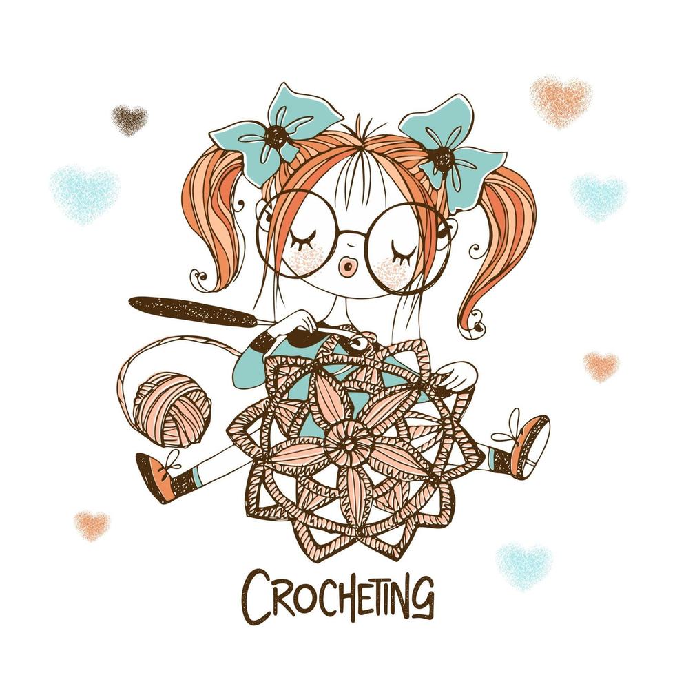 A cute needlewoman girl is crocheting an openwork napkin. vector