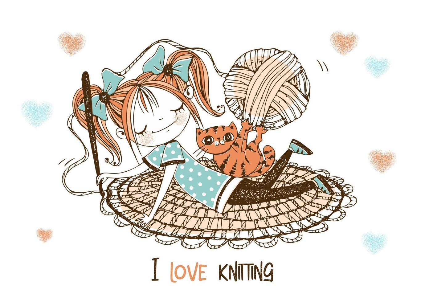 Cute girl needlewoman crochets a rug. vector