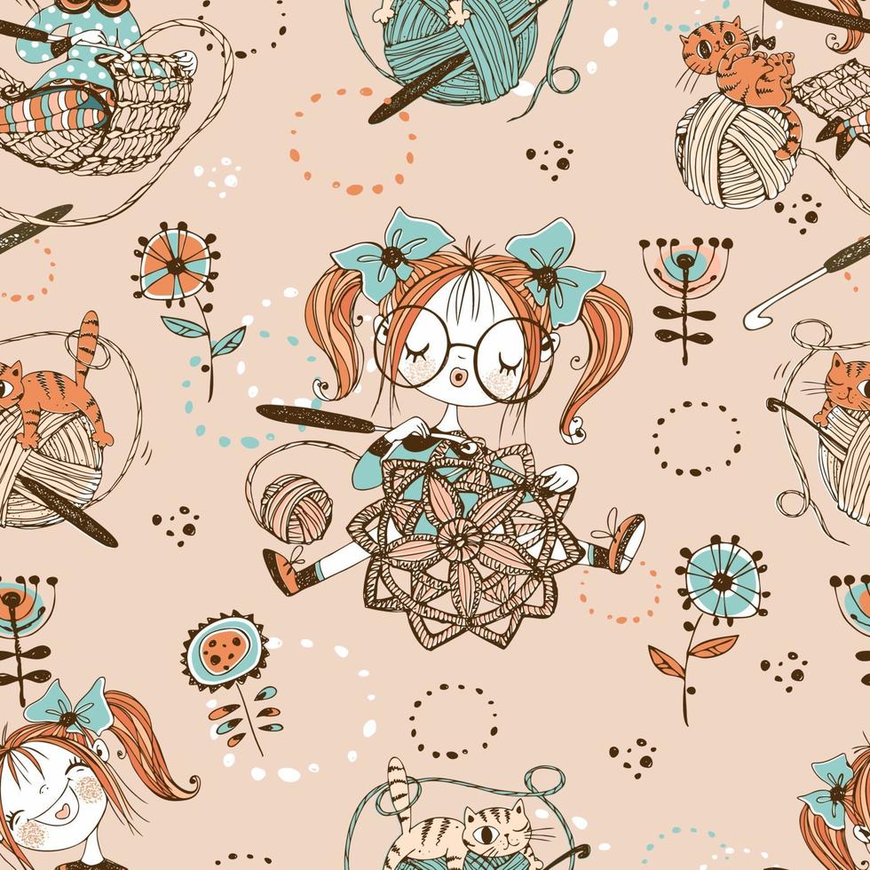 Seamless pattern on the theme of knitting with cute knitter girls in Doodle style. vector