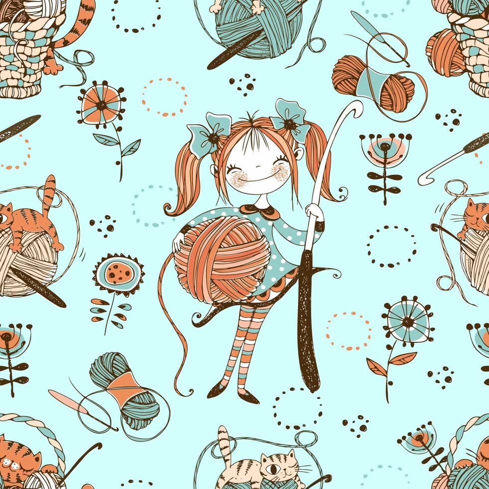 patrón sin costuras sobre el tema de tejer con linda chica tejedora en estilo doodle. vector