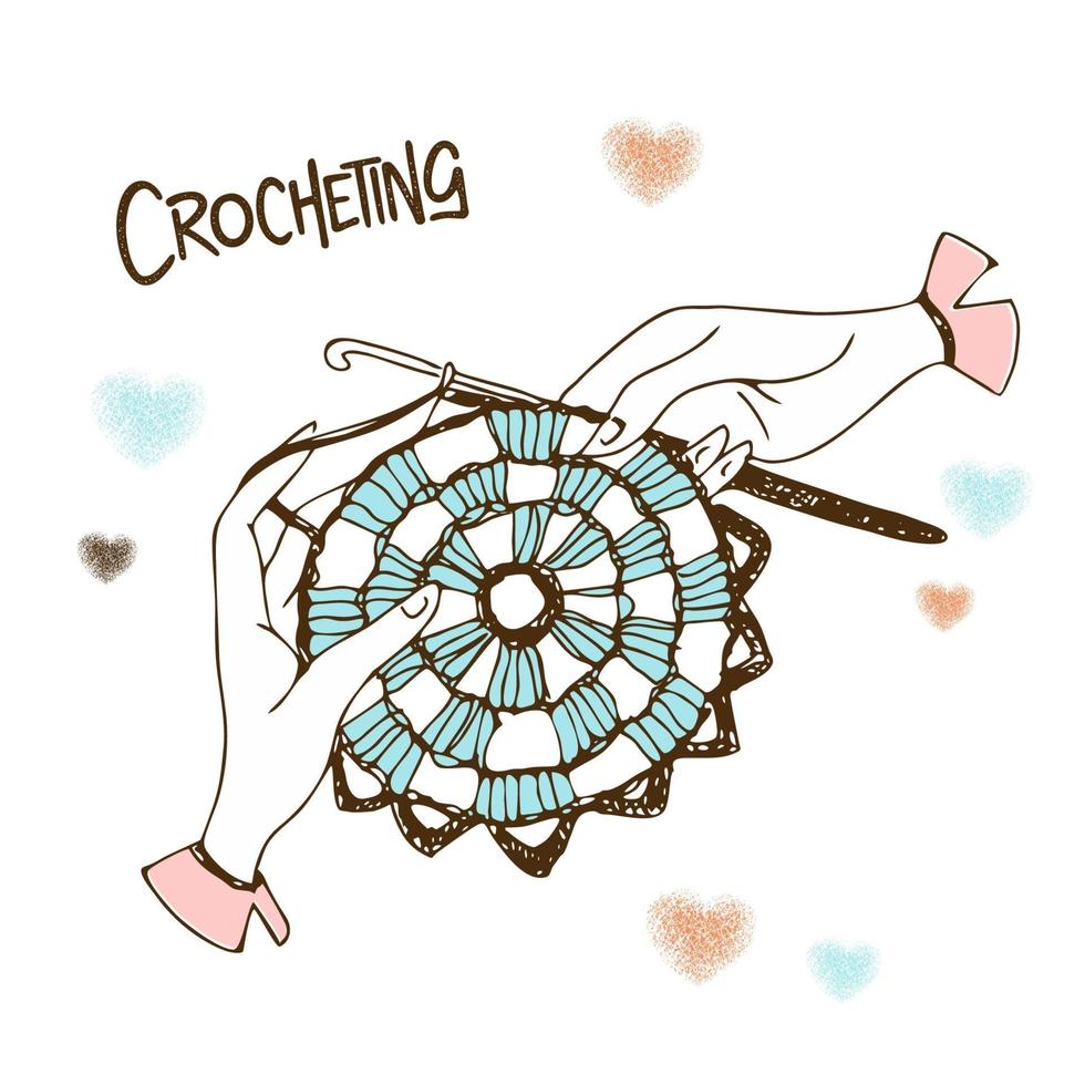 Crocheting. Hands knitting a napkin. vector