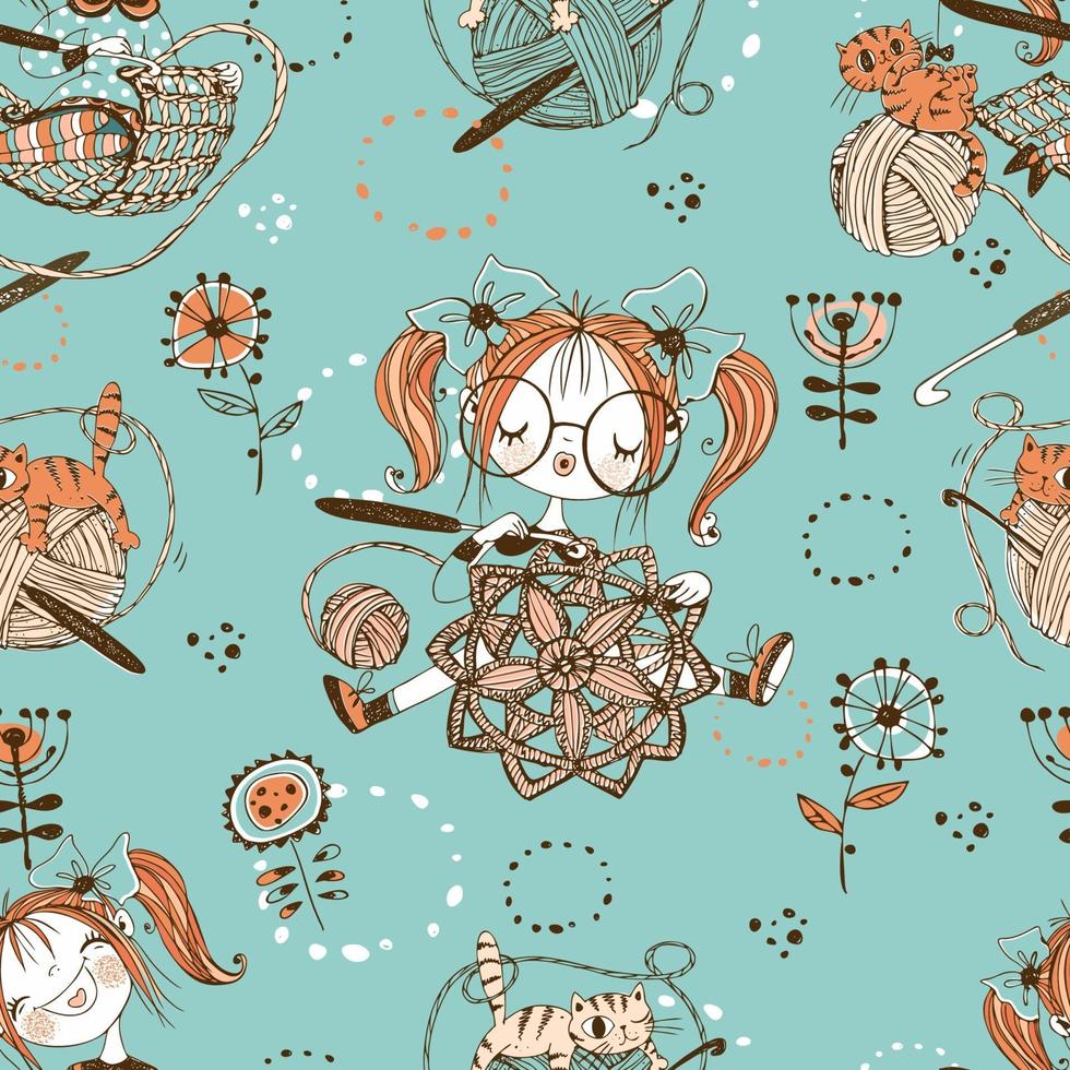 Seamless pattern on the theme of knitting with cute knitter girls in Doodle style. vector