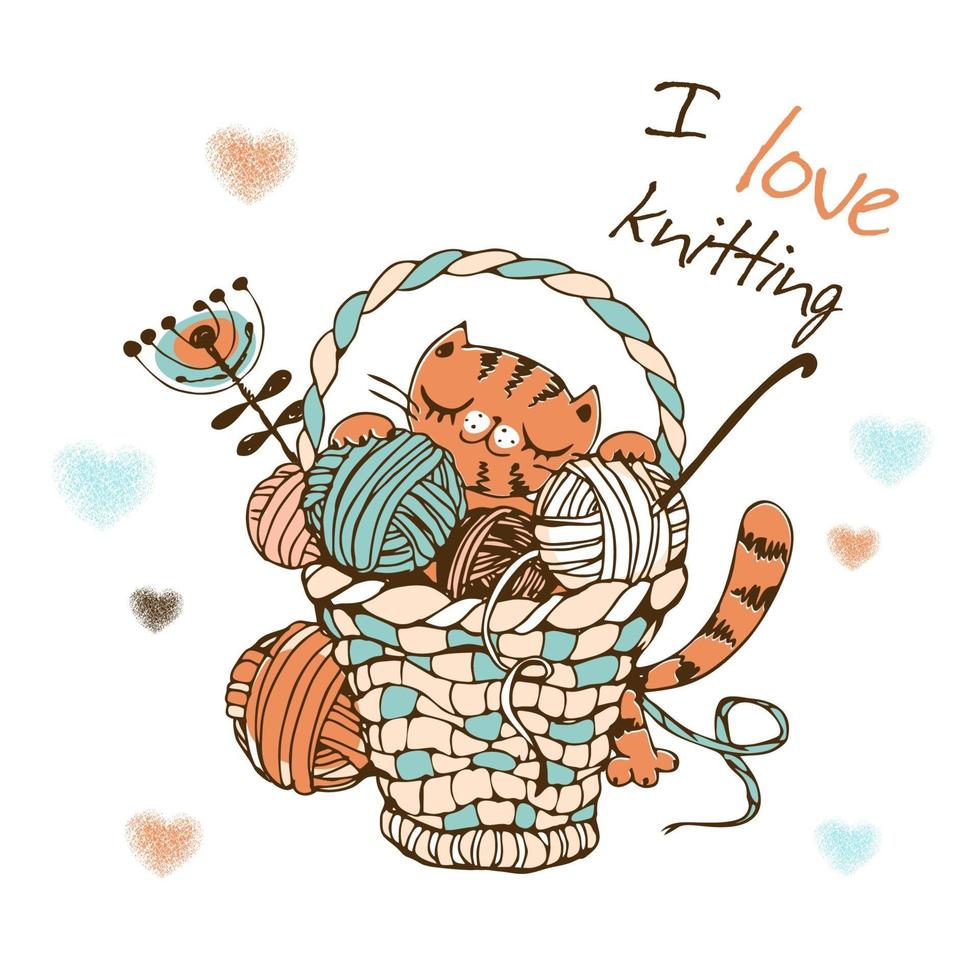 Cute cat with a large basket of balls of yarn for knitting. vector