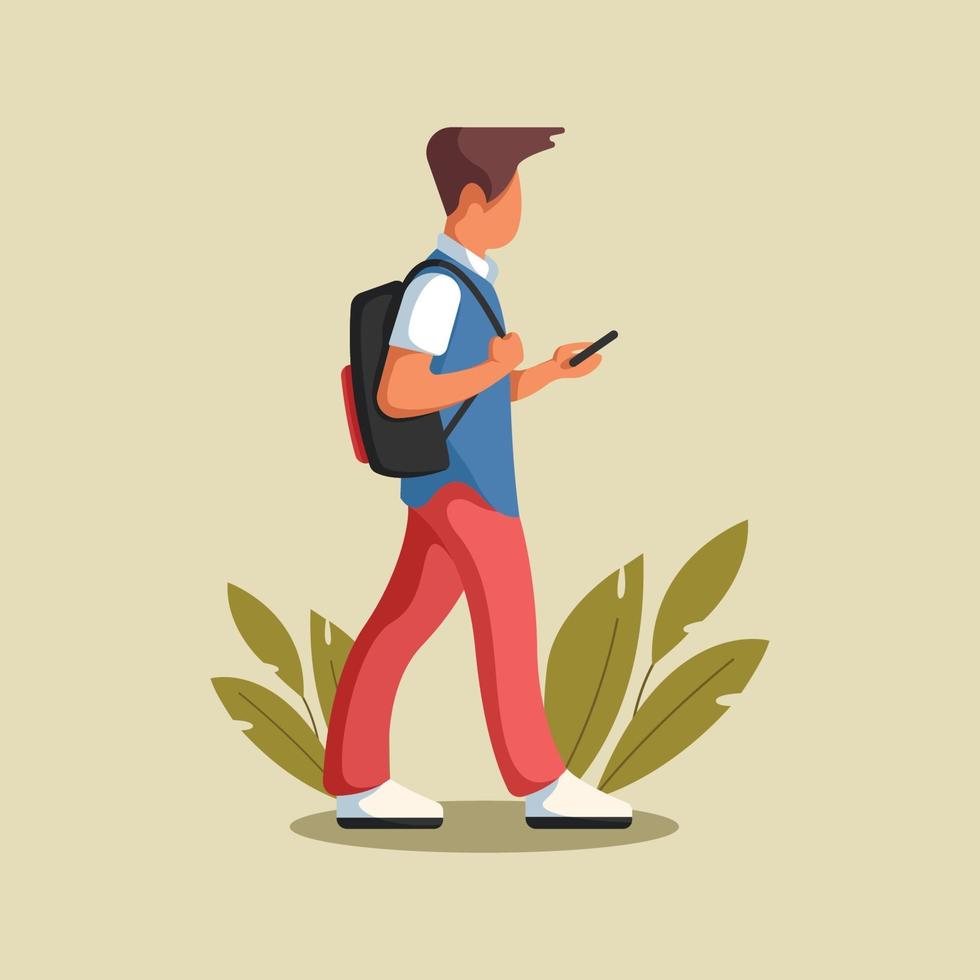 Walk And Playing Phone Flat Vector Illustration