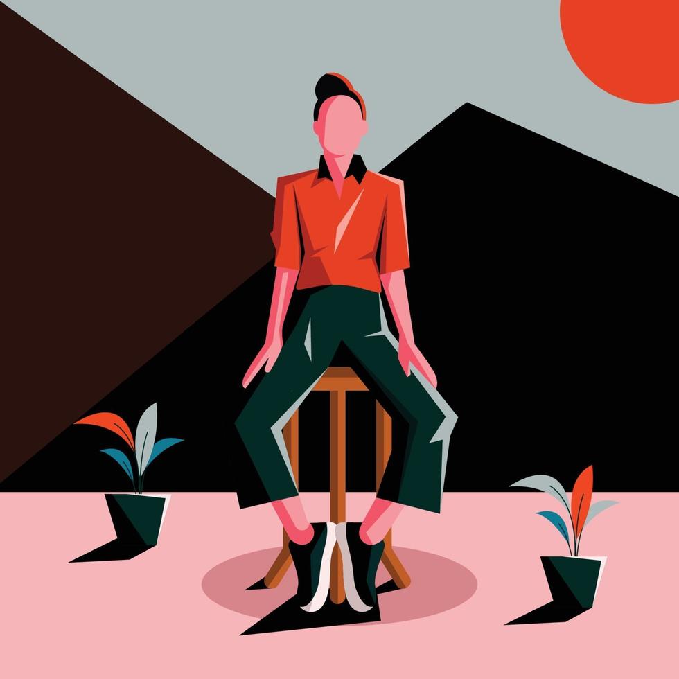 Enjoying Herself on Calm Situation Flat Vector Illustration