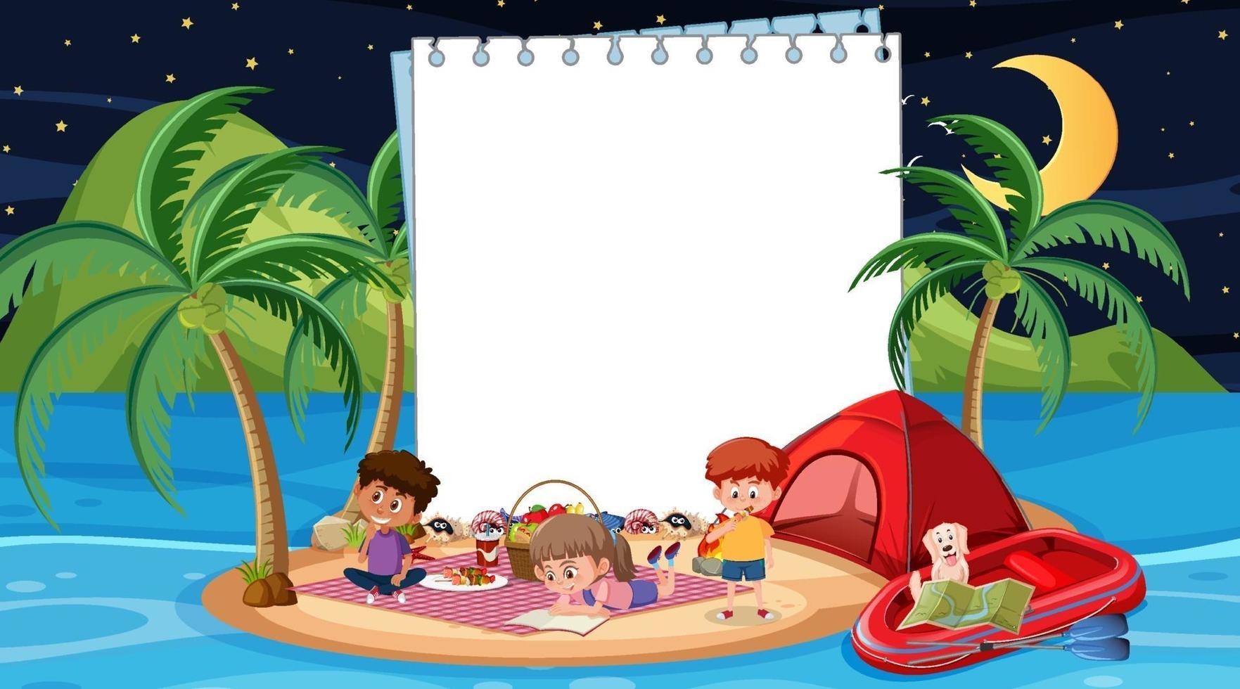 Kids on summer vacation at the beach night scene with an empty wooden banner template vector