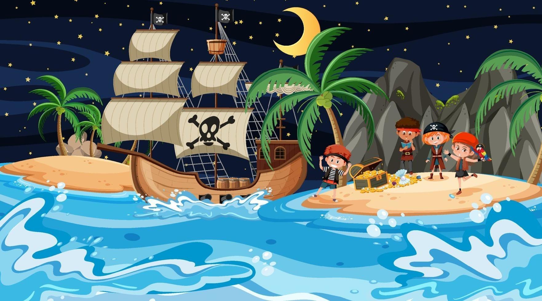 escena de la isla del tesoro en la noche con niños piratas vector