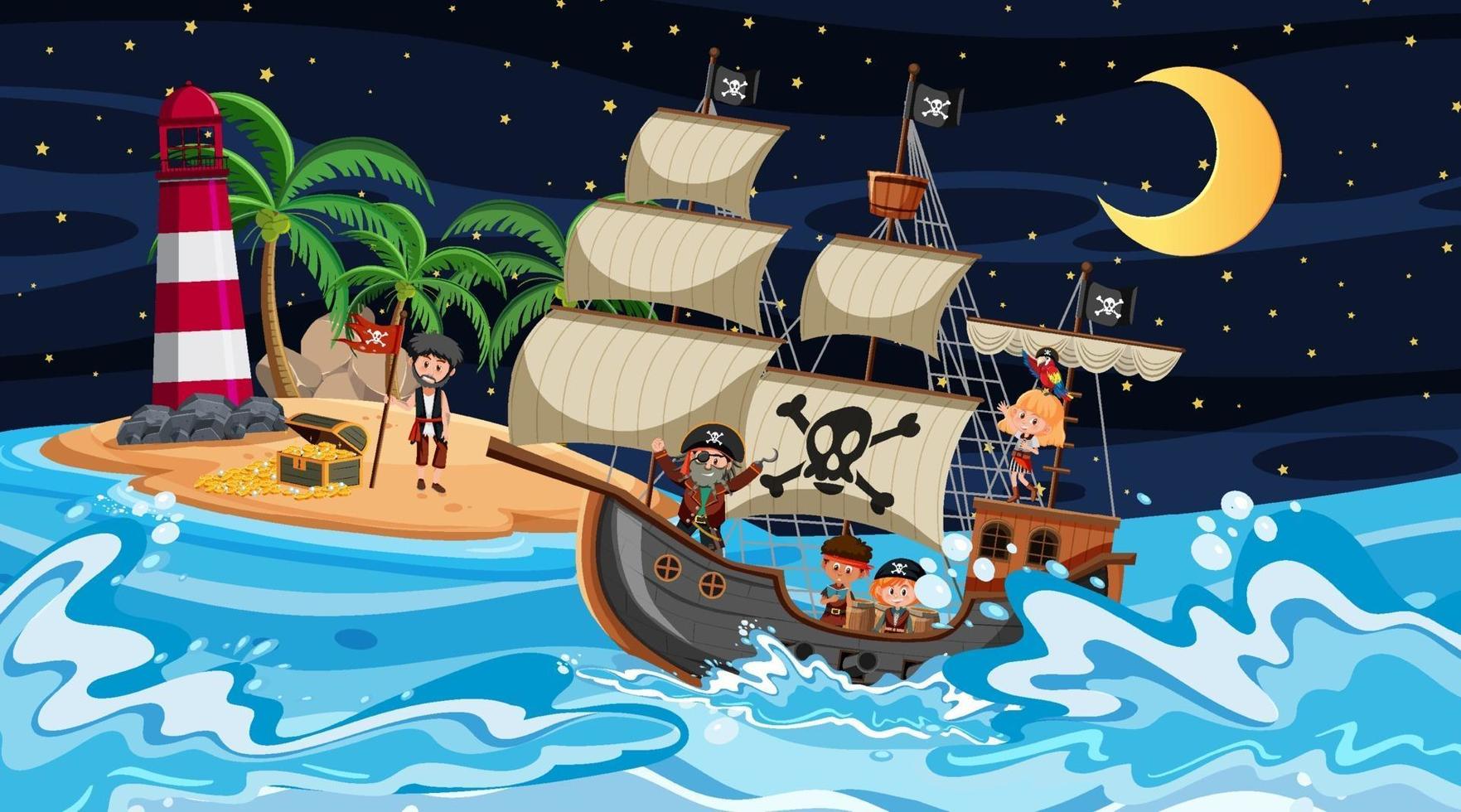 isla con barco pirata en la escena nocturna en estilo de dibujos animados vector