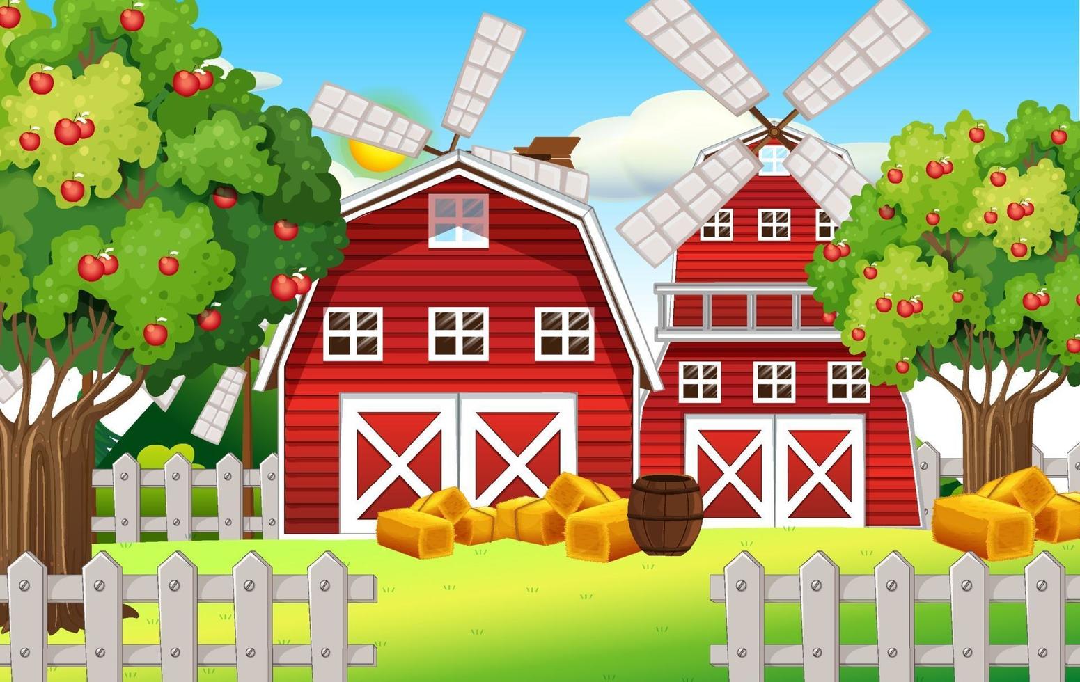 Farm scene with red barn and windmill vector