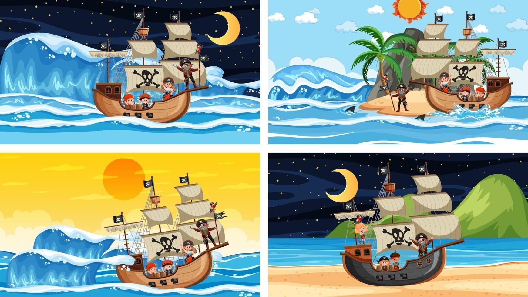 Set of different beach scenes with pirate ship vector