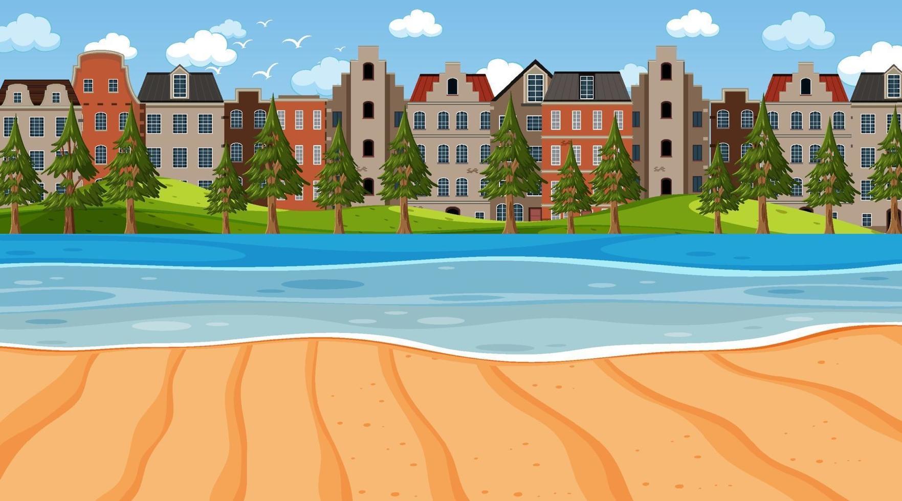 Empty beach scene with many buildings background vector