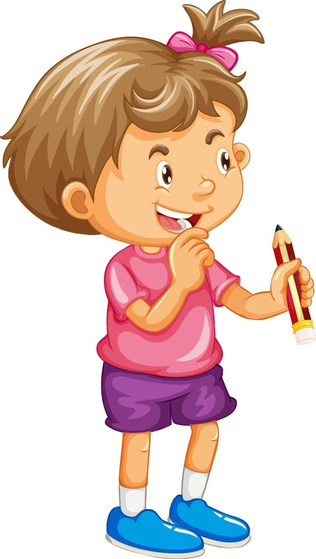 A girl holding a pencil cartoon character isolated on white background