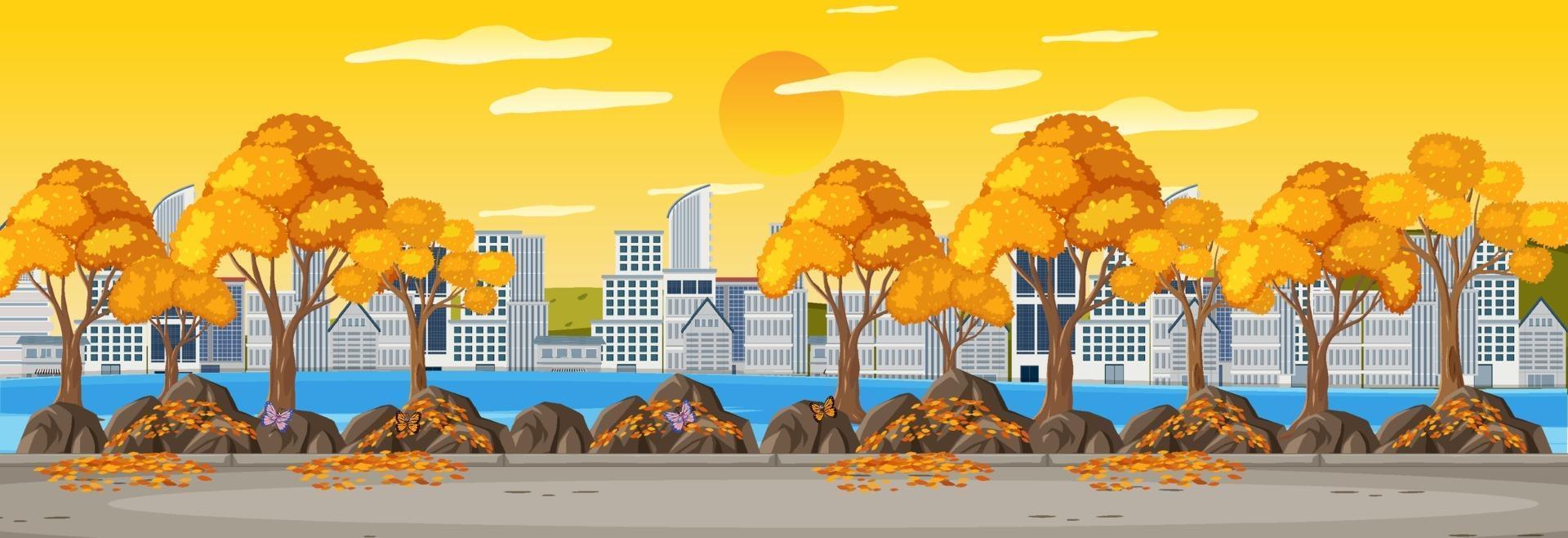 Parque en temporada de otoño escena horizontal con fondo de paisaje urbano vector