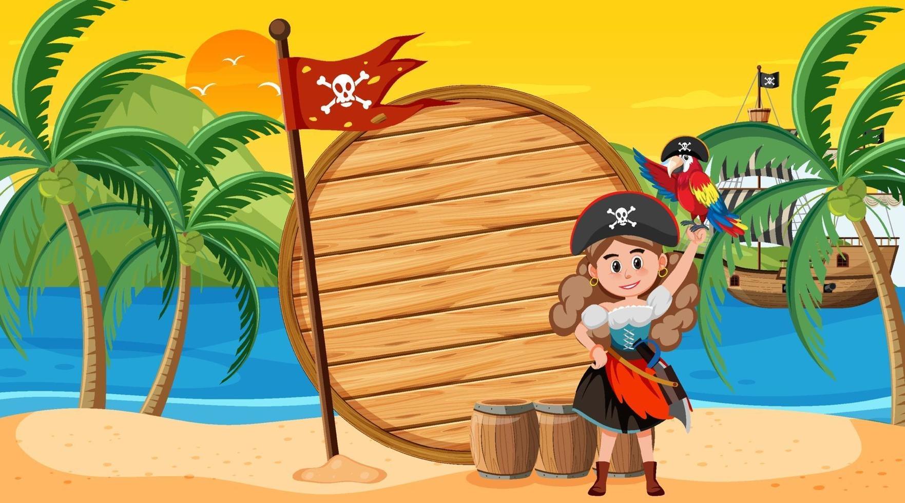 Empty banner template with pirate woman at the beach sunset scene vector