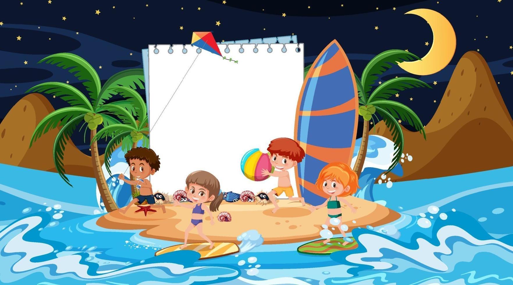 Niños de vacaciones en la escena nocturna de la playa con una plantilla de banner vacía vector